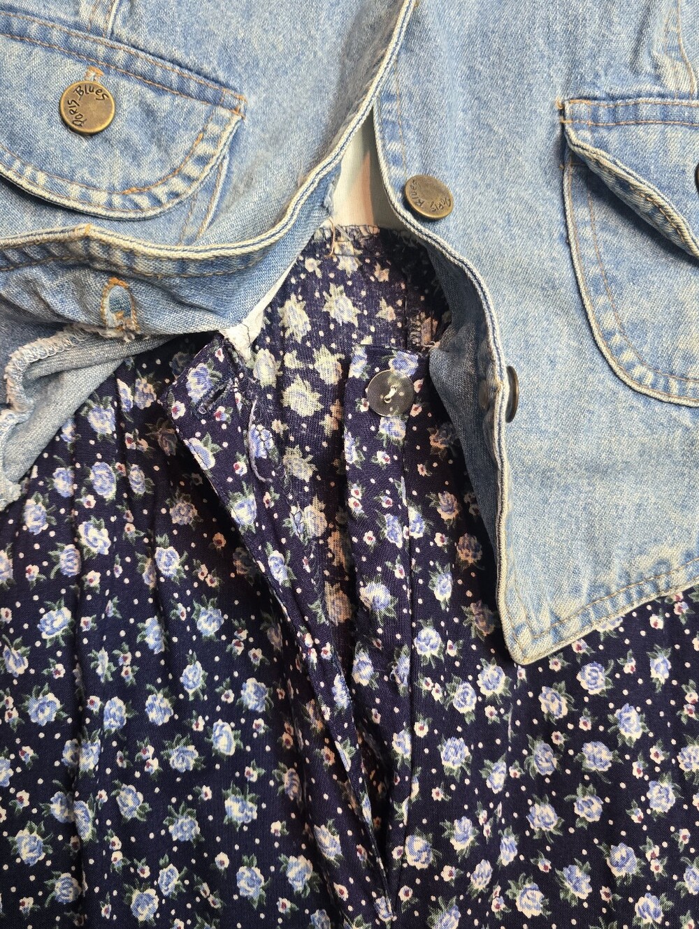 Vintage 90s Paris Blues Denim Vest Floral Maxi Dress Size 9 Cottagecore Grunge - Picture 9 of 13